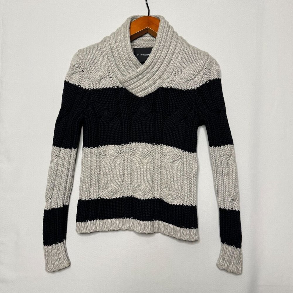 CLUB MONACO Black Gray 100% Cashmere Chunky Cable Knit Fisherman Sweater X-Small